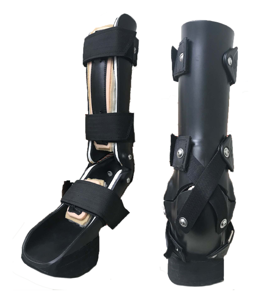 Front and back views of a jointed black dog carpal brace
