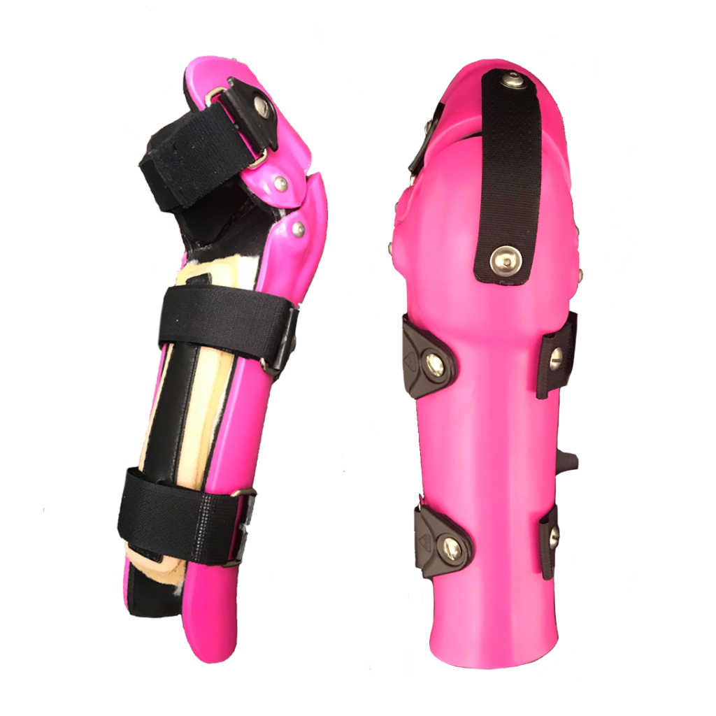 Front and back views of a jointed dog elbow brace