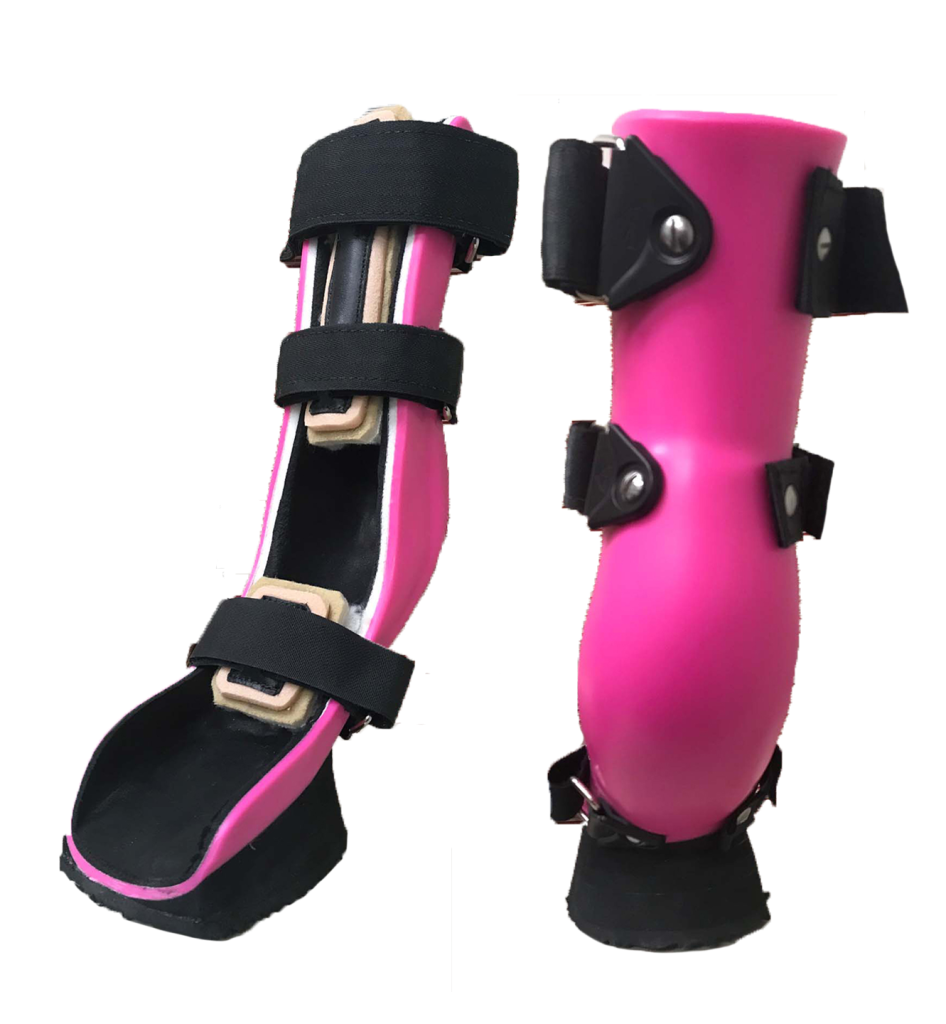Front and back views of a non-jointed pink carpal brace for dogs