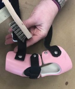 A person uses a wire brush to clean the straps of a dog leg brace